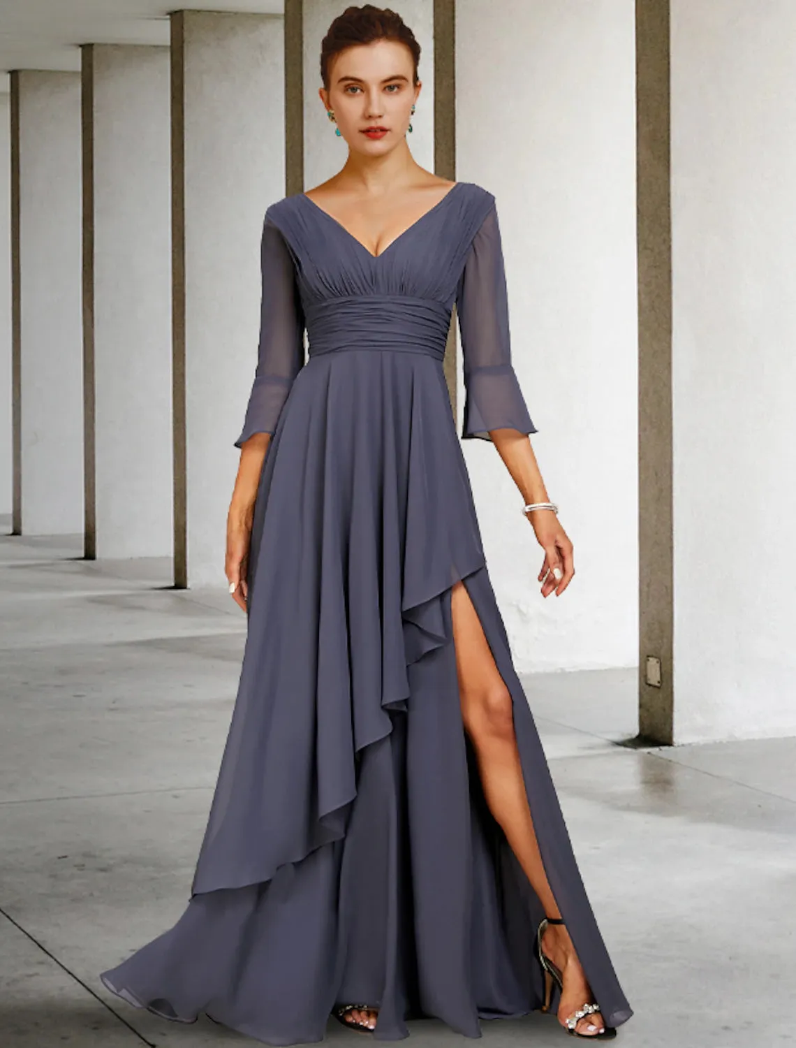 A-Line Mother of the Bride Dress Elegant High Low V Neck Asymmetrical Floor Length Chiffon 3/4 Length Sleeve with Split Front Ruching