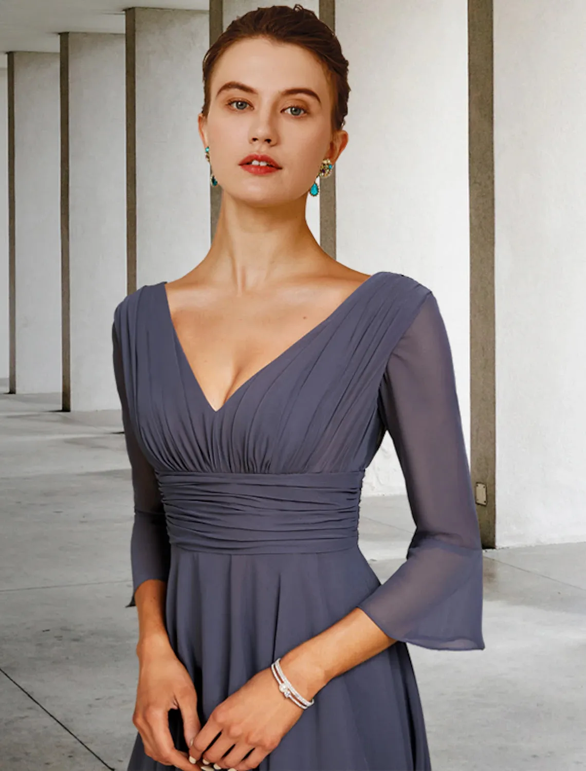 A-Line Mother of the Bride Dress Elegant High Low V Neck Asymmetrical Floor Length Chiffon 3/4 Length Sleeve with Split Front Ruching