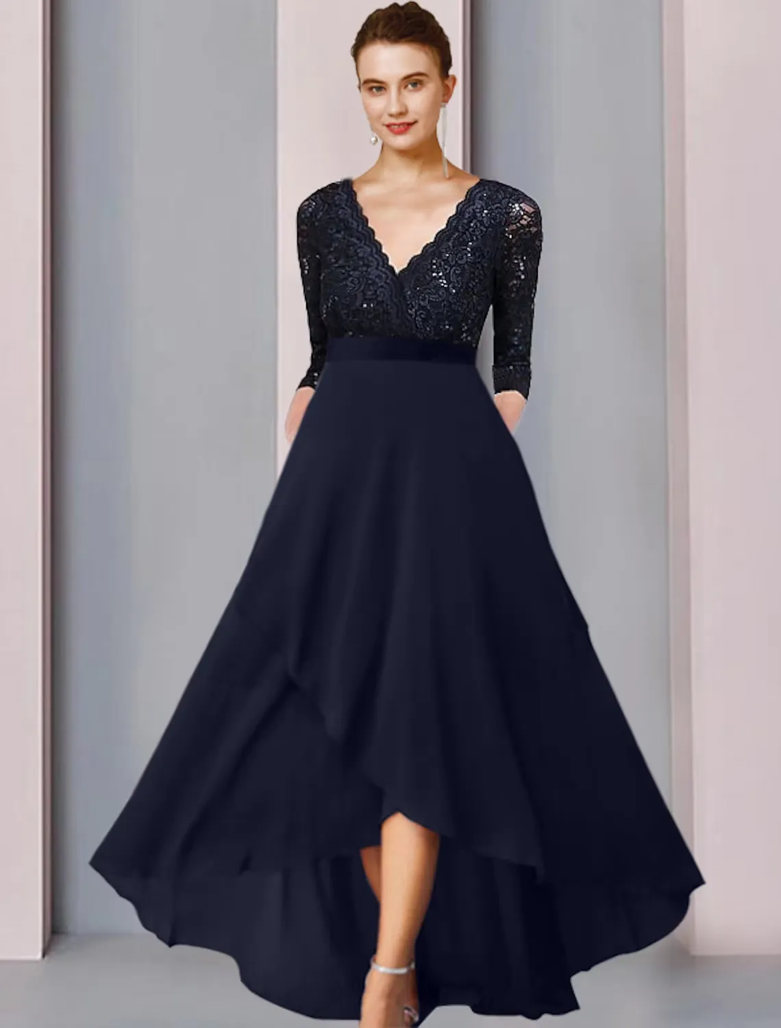 A-Line Mother of the Bride Dress Elegant High Low V Neck Asymmetrical Tea Length Chiffon Lace 3/4 Length Sleeve with Sequin