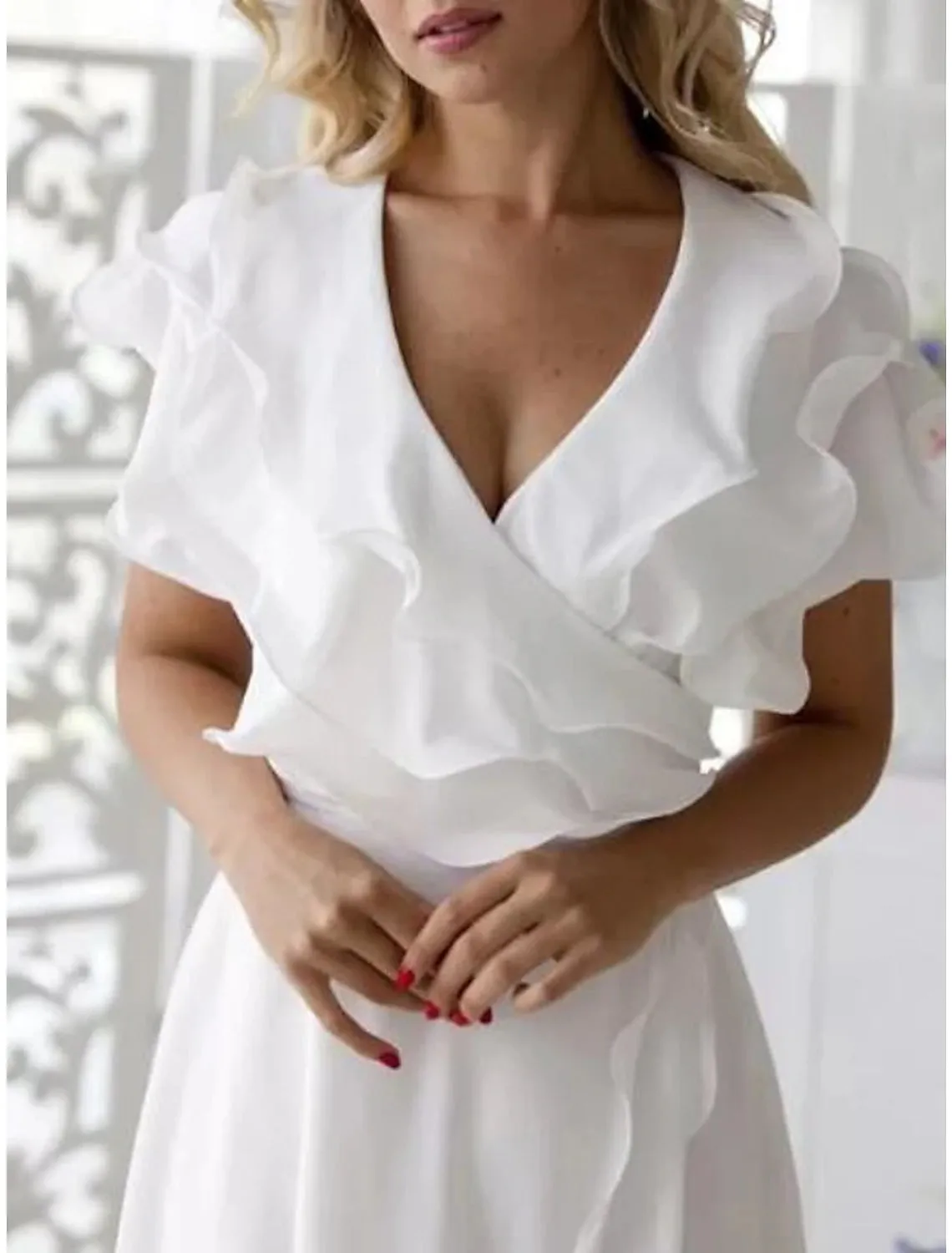 A-Line Mother of the Bride Dress Fall Wedding Guest Elegant High Low V Neck Asymmetrical Chiffon Short Sleeve with Ruffles Split Front