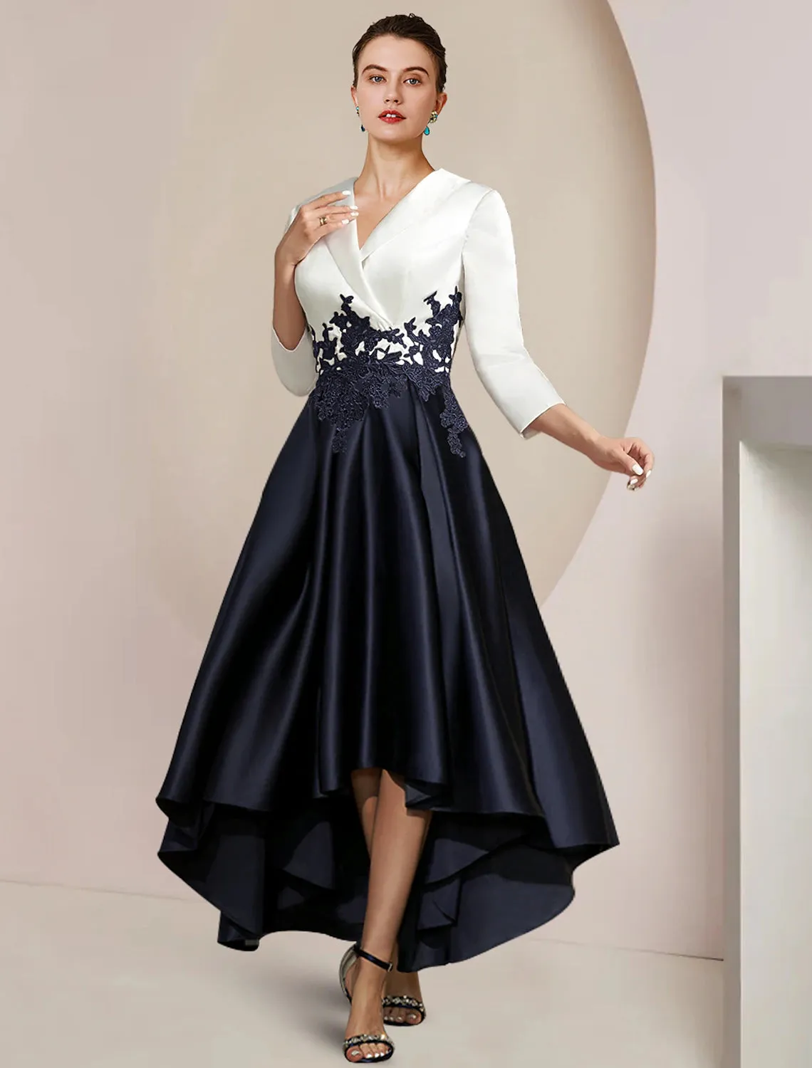 A-Line Mother of the Bride Dress Formal Wedding Guest Elegant High Low Shirt Collar Asymmetrical Tea Length Satin Lace 3/4 Length Sleeve with Appliques Color Block