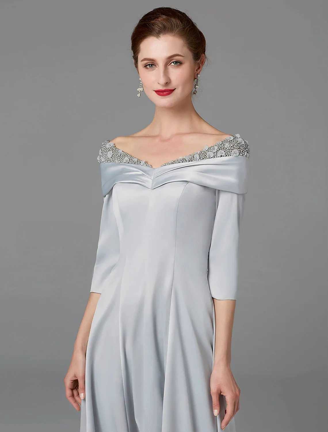 A-Line Mother of the Bride Dress Sparkle & Shine High Low Off Shoulder Asymmetrical Satin Half-Sleeve with Lace Crystals