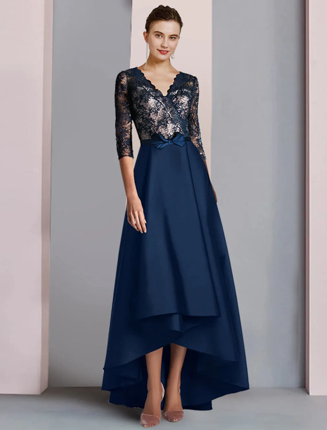 A-Line Mother of the Bride Dress Wedding Guest Elegant High Low V Neck Asymmetrical Tea Length Satin Lace Half Sleeve with Bow(s) Color Block