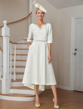 A-Line Mother of the Bride Dress Wedding Guest Elegant High Low V Neck Asymmetrical Tea Length with Pearls