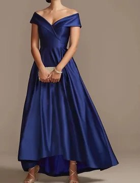 A-Line Mother of the Bride Dress Wedding Guest Plus Size Elegant High Low Off Shoulder Asymmetrical Satin Short Sleeve with Pleats Fall