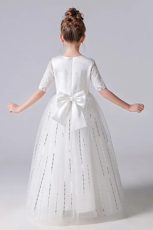 A-Line White Half Sleeves Tulle Princess Flower Girl Dress With Bow Belt