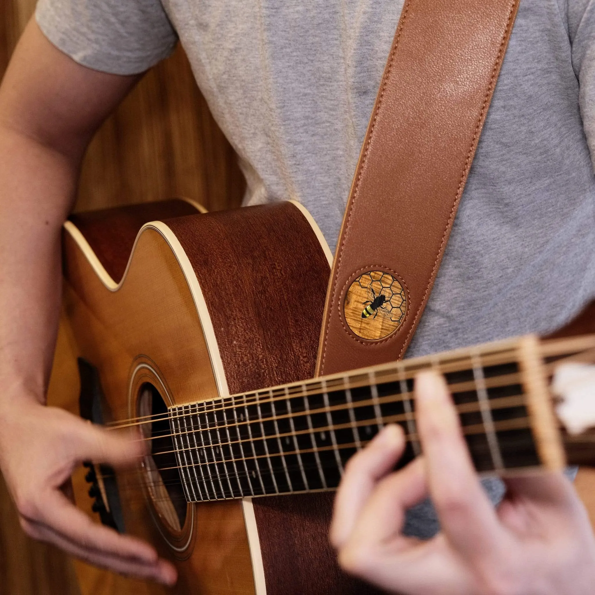 AAA Curly Hawaiian Koa & Pearl Bee & Honeycomb Inlay | Italian Leather Strap