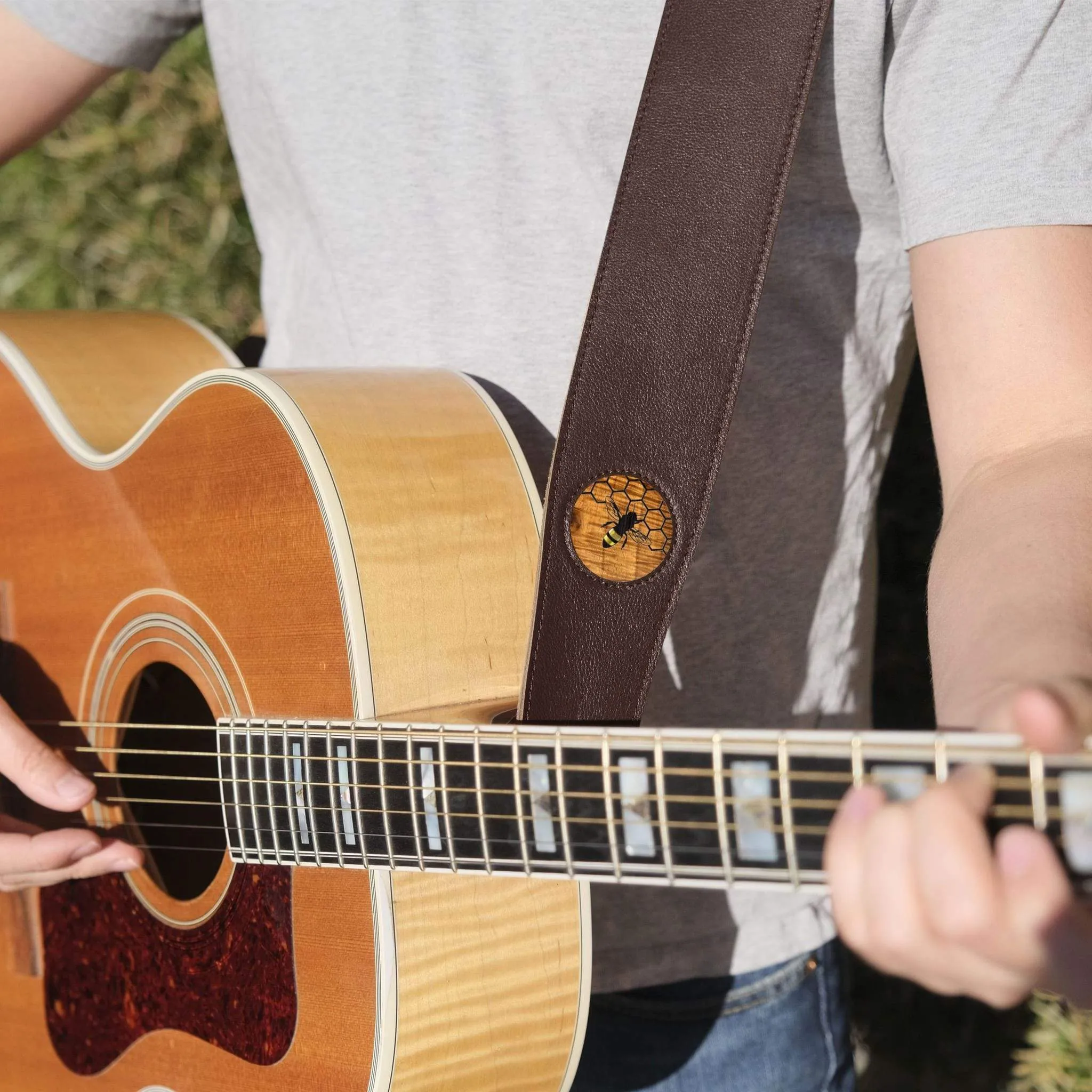 AAA Curly Hawaiian Koa & Pearl Bee & Honeycomb Inlay | Italian Leather Strap