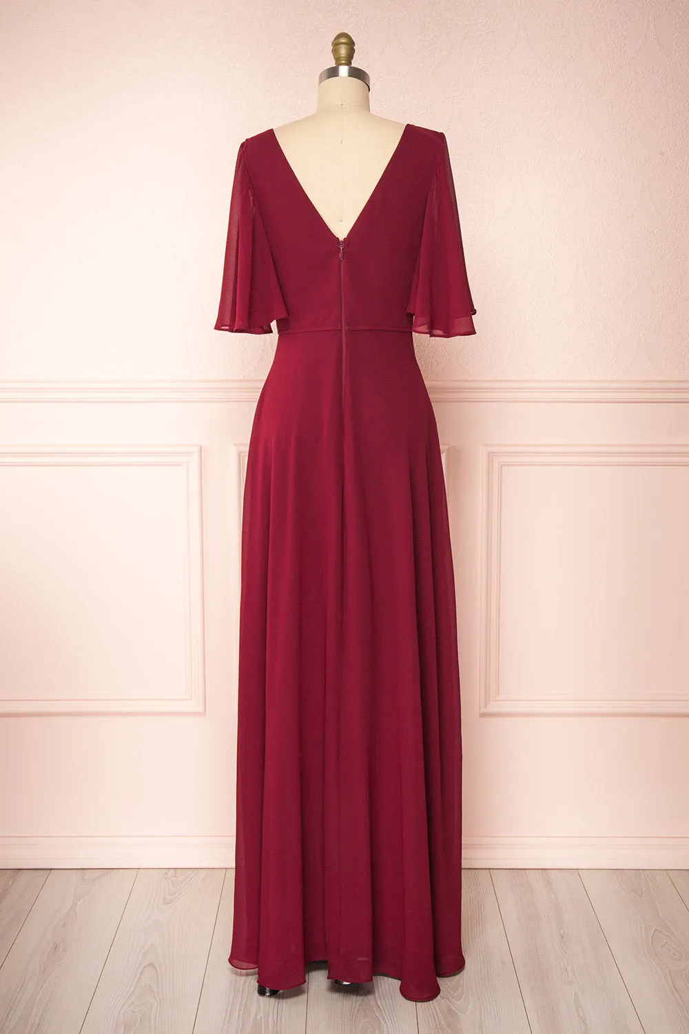 Adelphia Burgundy | V-Neck Chiffon Maxi Dress