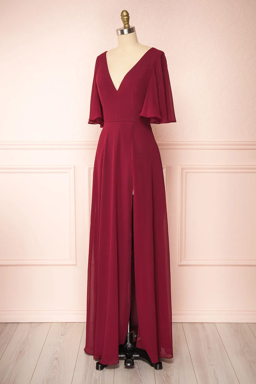 Adelphia Burgundy | V-Neck Chiffon Maxi Dress