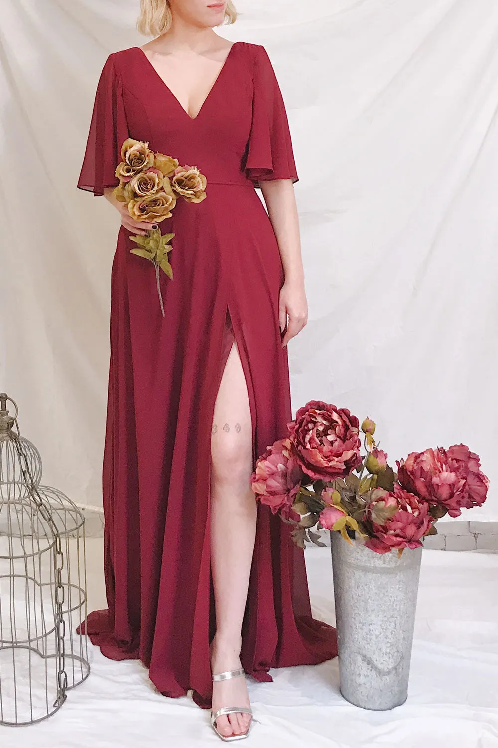 Adelphia Burgundy | V-Neck Chiffon Maxi Dress