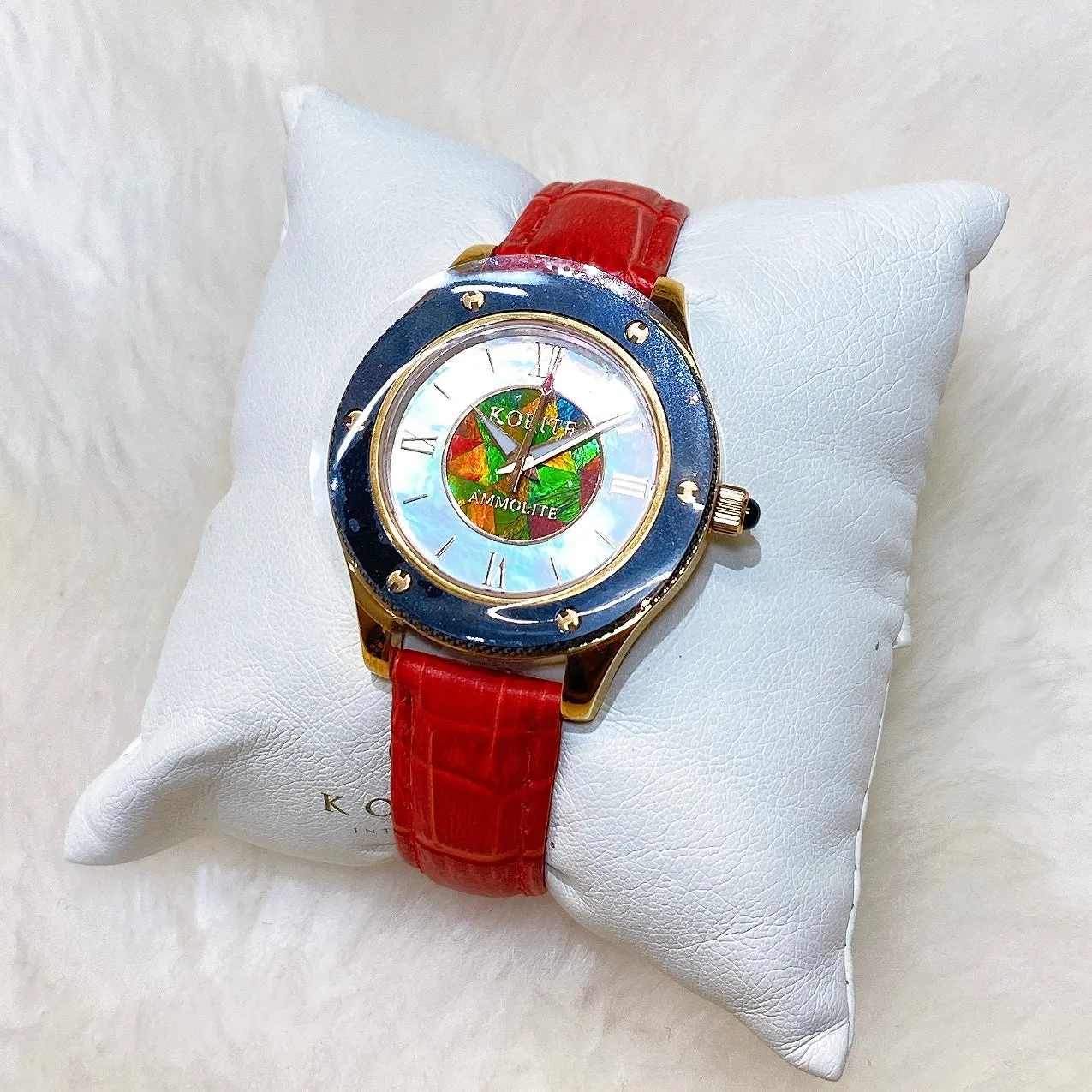 Ammolite Watch-Small-Mosaic Ammolite white Mother of Pearl 36mm Round Watch-Red Leather Strap (Korite)