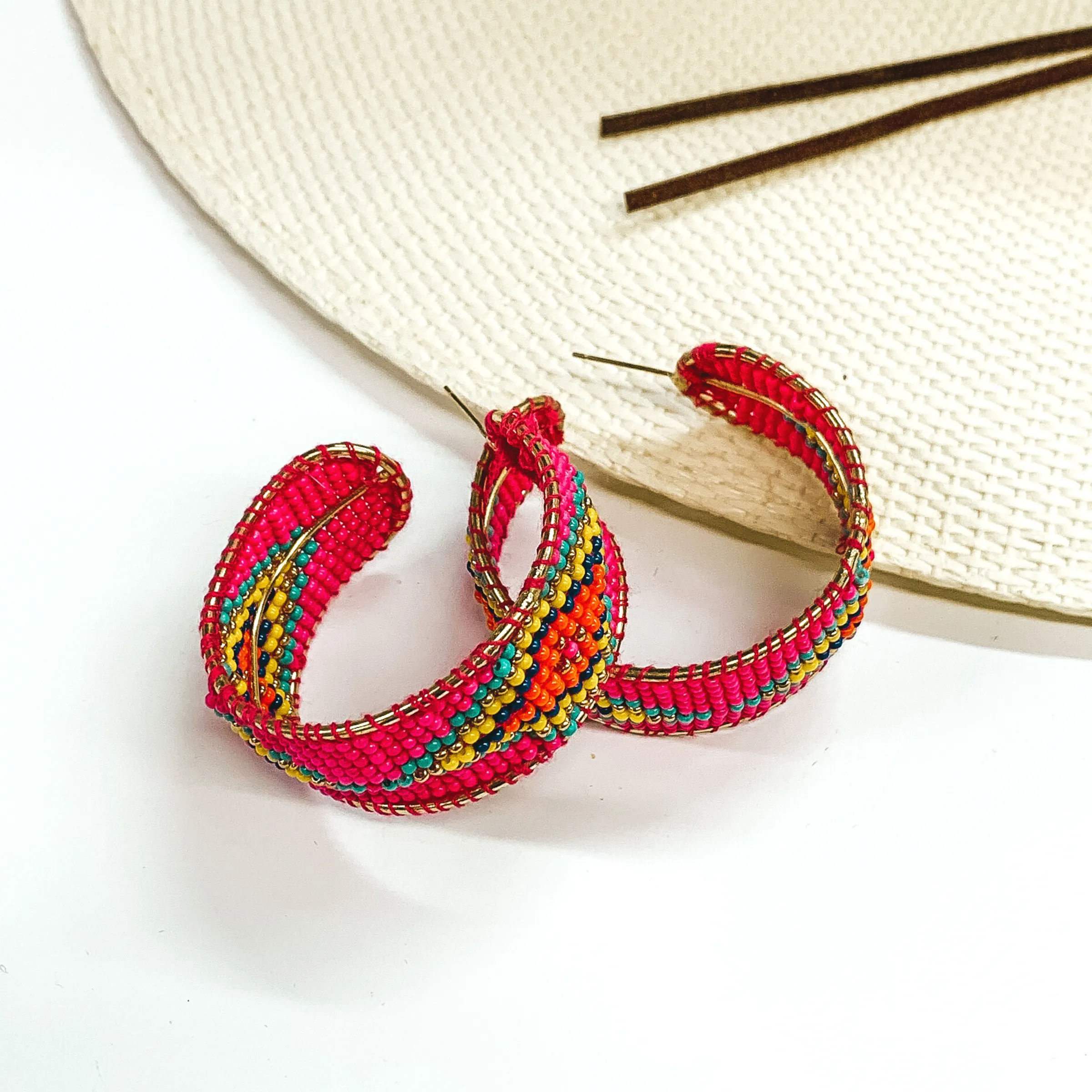 Aztec Pattern Beaded Hoop Earrings in Hot Pink