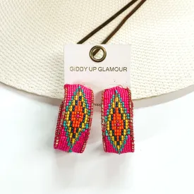 Aztec Pattern Beaded Hoop Earrings in Hot Pink