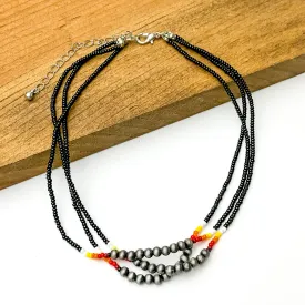 Aztec Seed Beaded Three Strand Choker Necklace with Silver Beads in Black