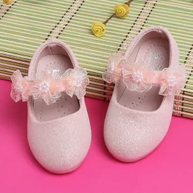 Baby Moo Mary Jane Glittery Floral Applique On Velcro Strap Anti-Skid Ballerina Shoes - Pink