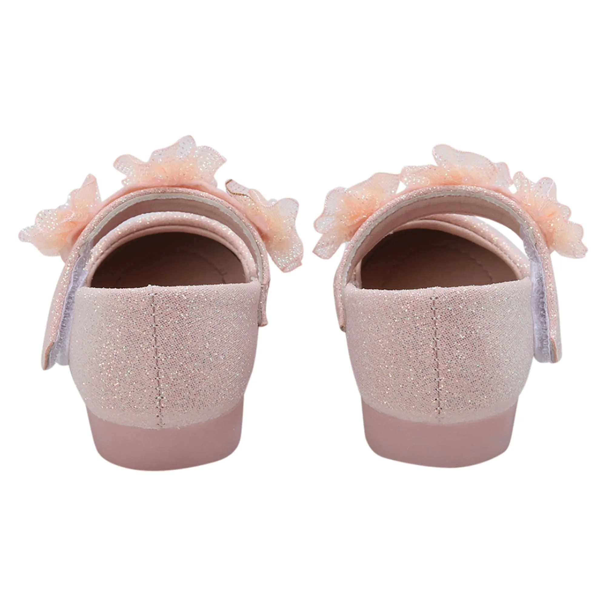 Baby Moo Mary Jane Glittery Floral Applique On Velcro Strap Anti-Skid Ballerina Shoes - Pink