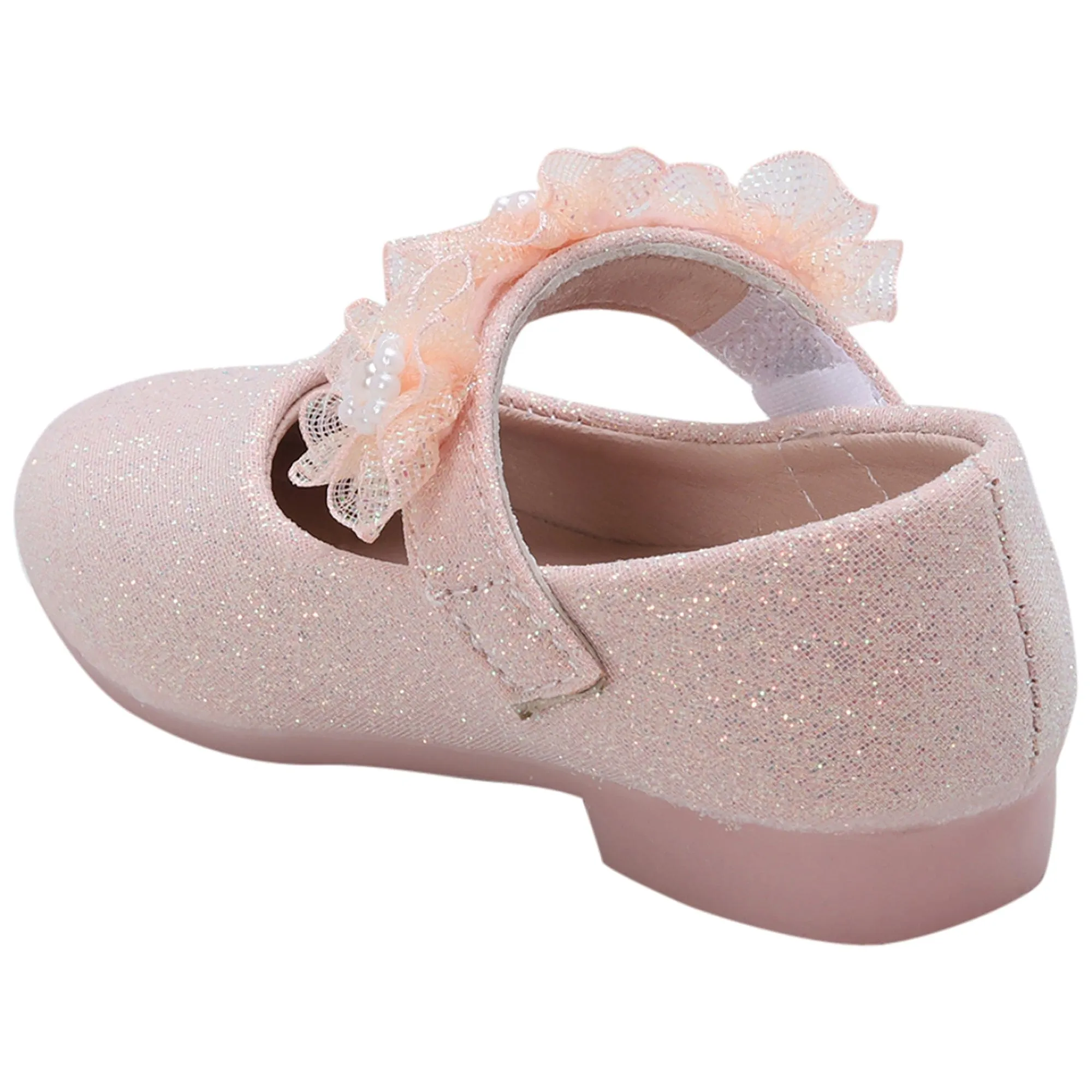 Baby Moo Mary Jane Glittery Floral Applique On Velcro Strap Anti-Skid Ballerina Shoes - Pink