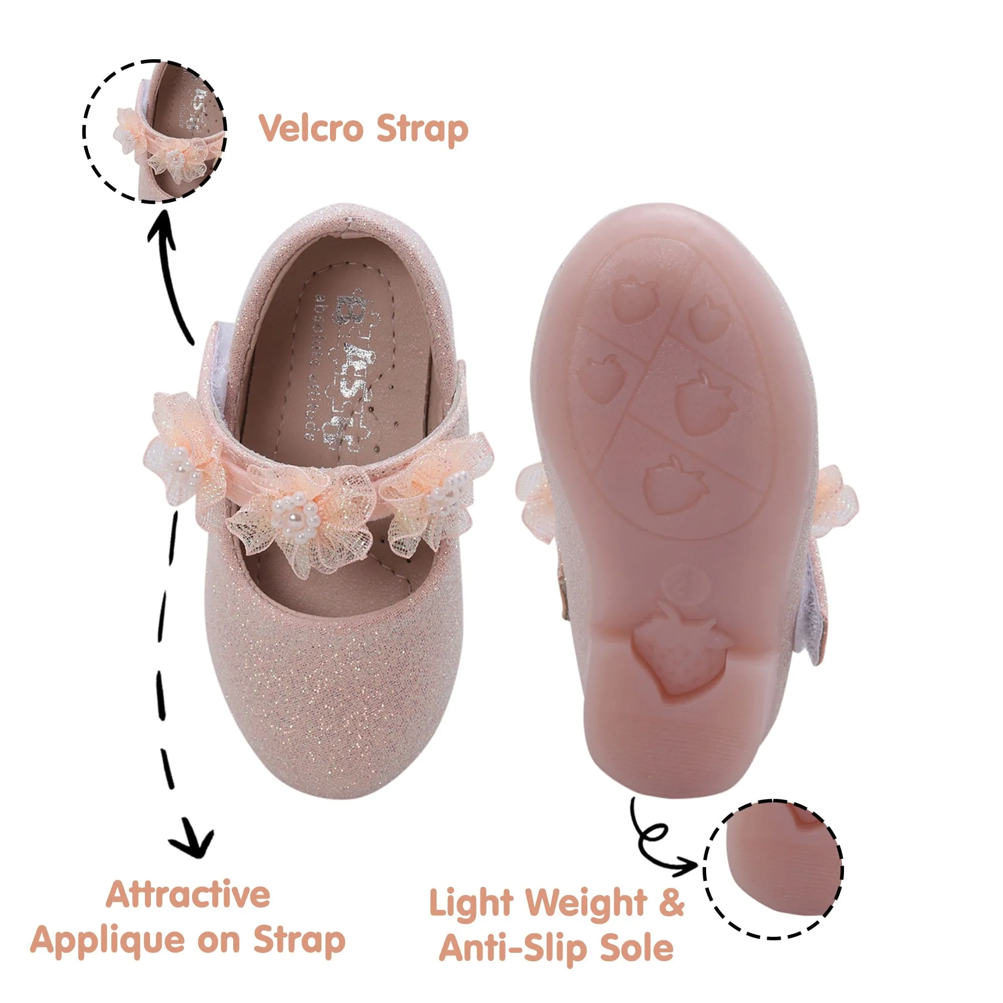 Baby Moo Mary Jane Glittery Floral Applique On Velcro Strap Anti-Skid Ballerina Shoes - Pink