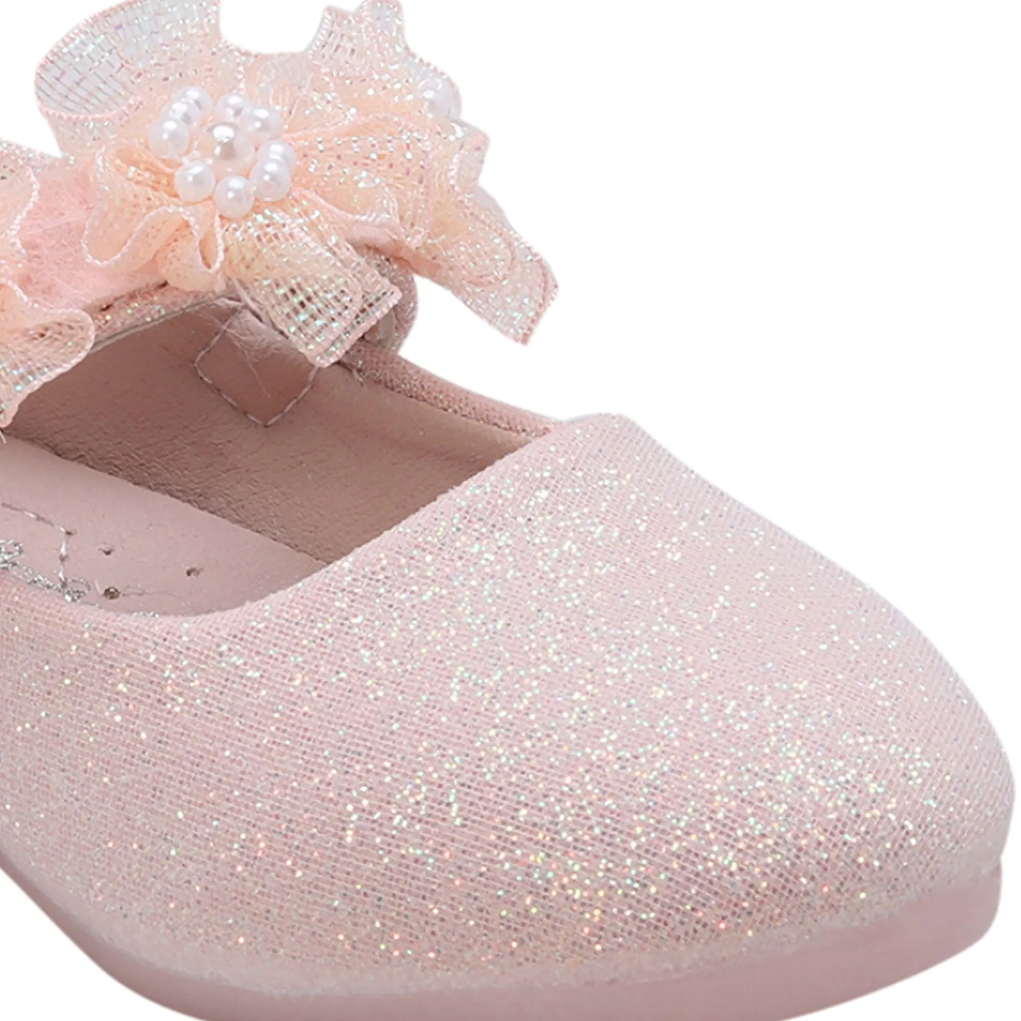 Baby Moo Mary Jane Glittery Floral Applique On Velcro Strap Anti-Skid Ballerina Shoes - Pink