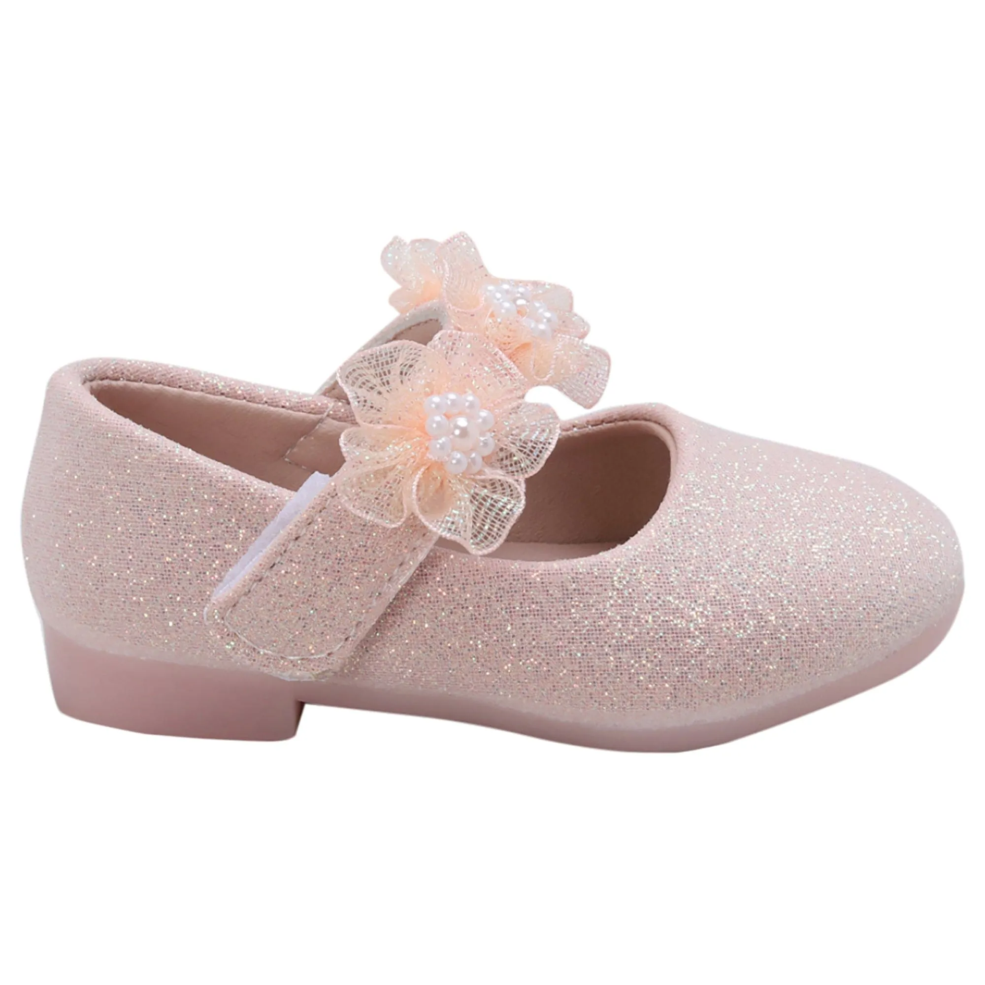 Baby Moo Mary Jane Glittery Floral Applique On Velcro Strap Anti-Skid Ballerina Shoes - Pink