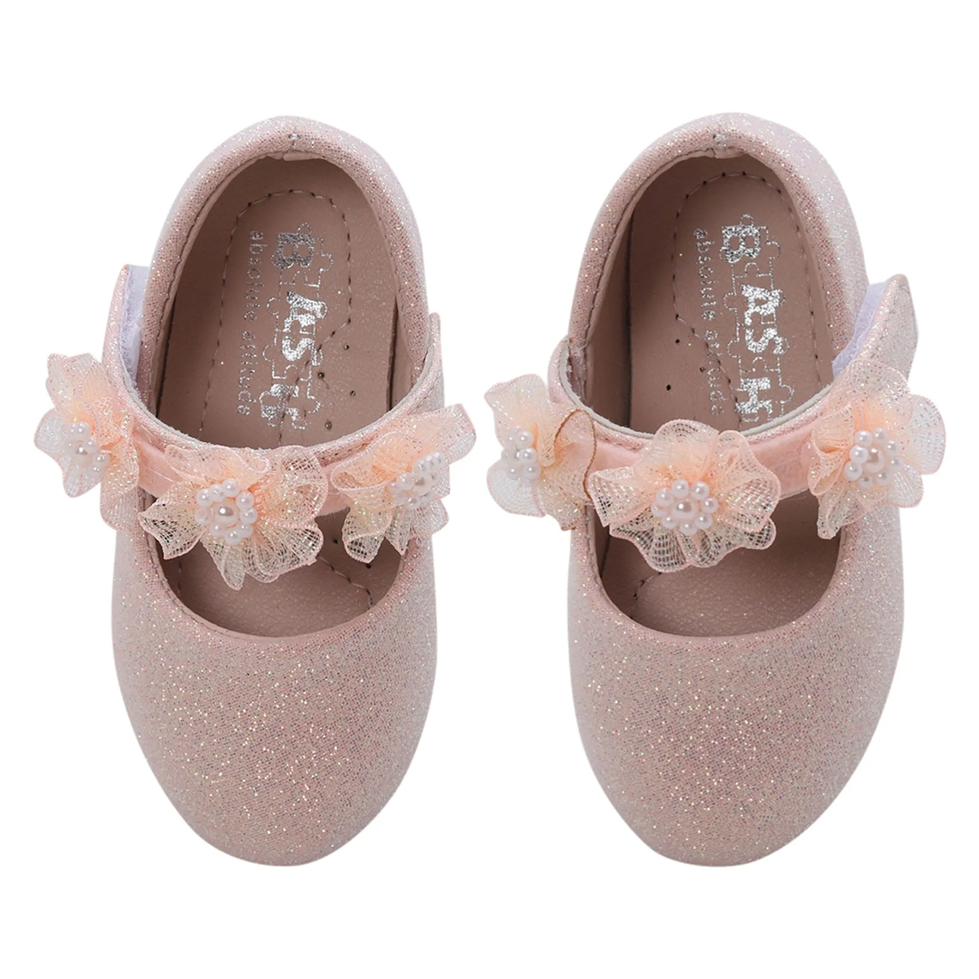 Baby Moo Mary Jane Glittery Floral Applique On Velcro Strap Anti-Skid Ballerina Shoes - Pink