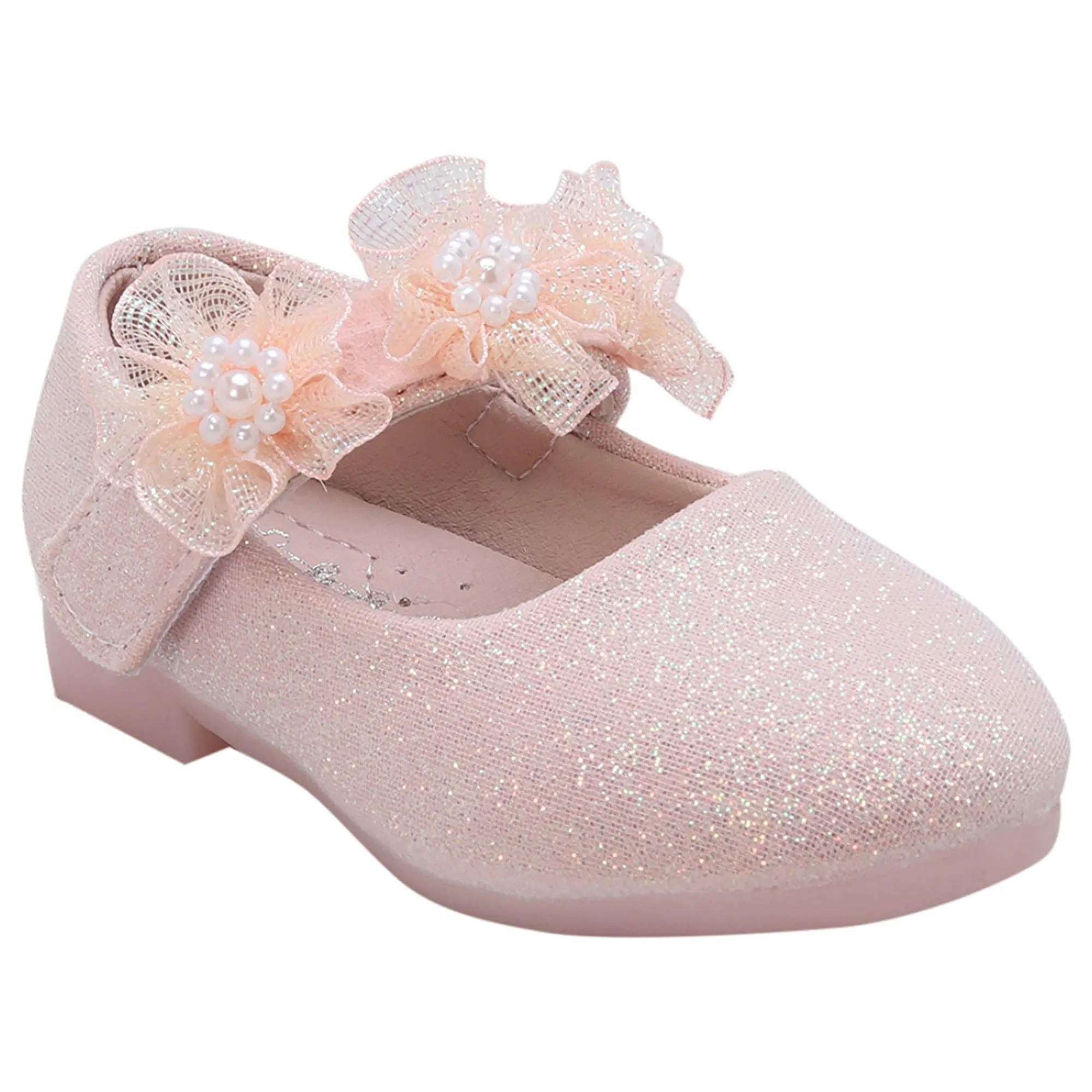 Baby Moo Mary Jane Glittery Floral Applique On Velcro Strap Anti-Skid Ballerina Shoes - Pink