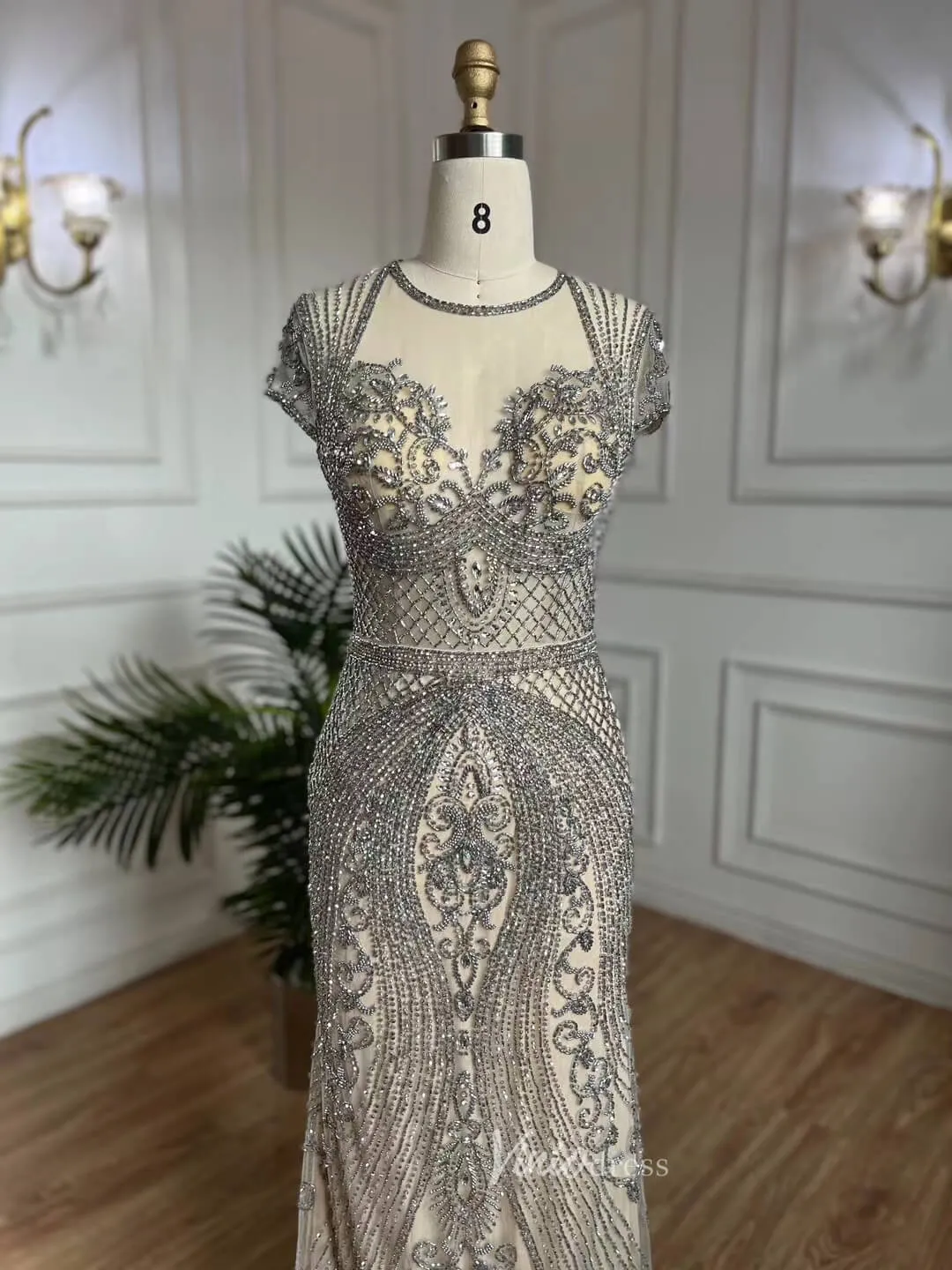 Beaded Grey 1920s Evening Dresses Cap Sleeve Prom Dress 20062