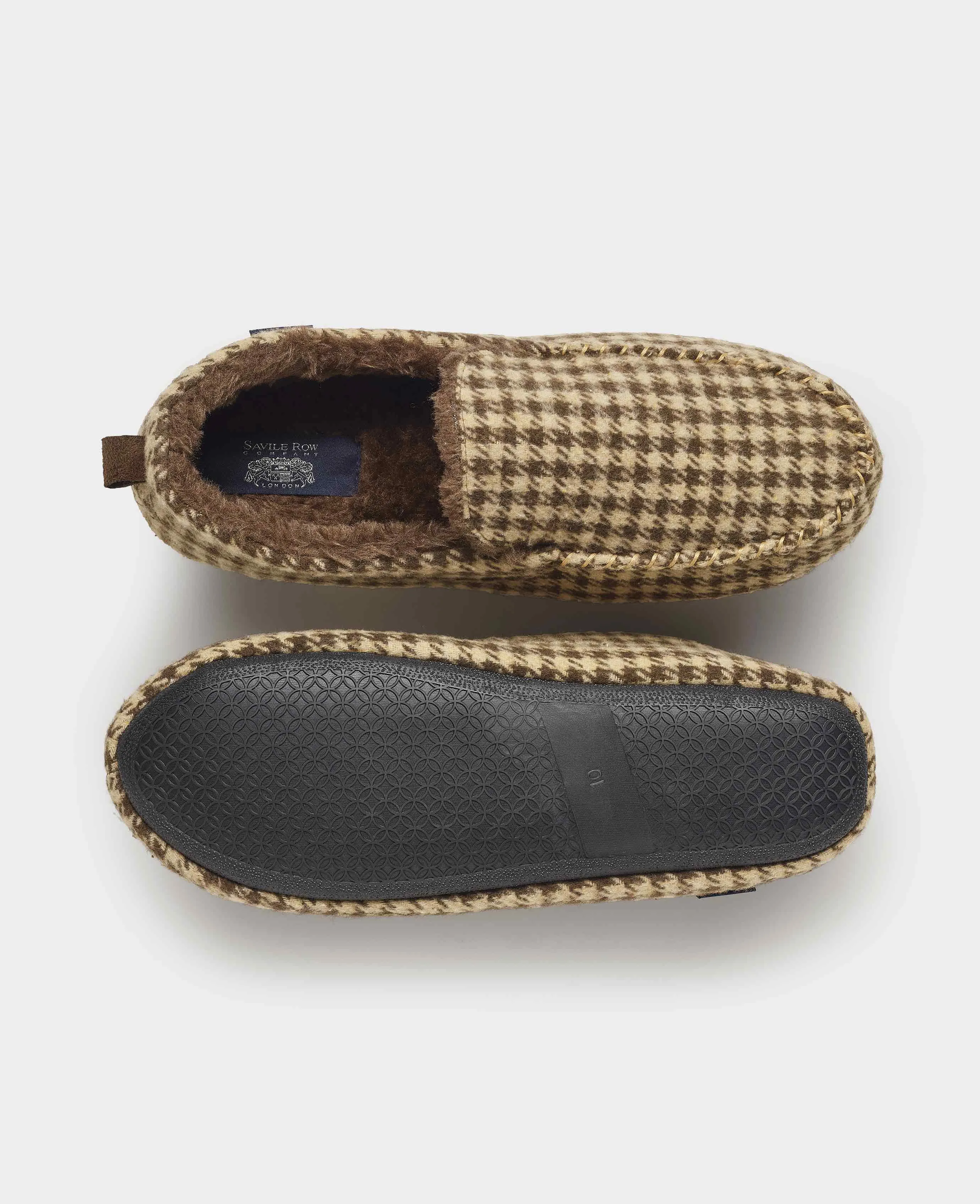 Brown Dogtooth Faux Fur Lined Moccasin Slippers