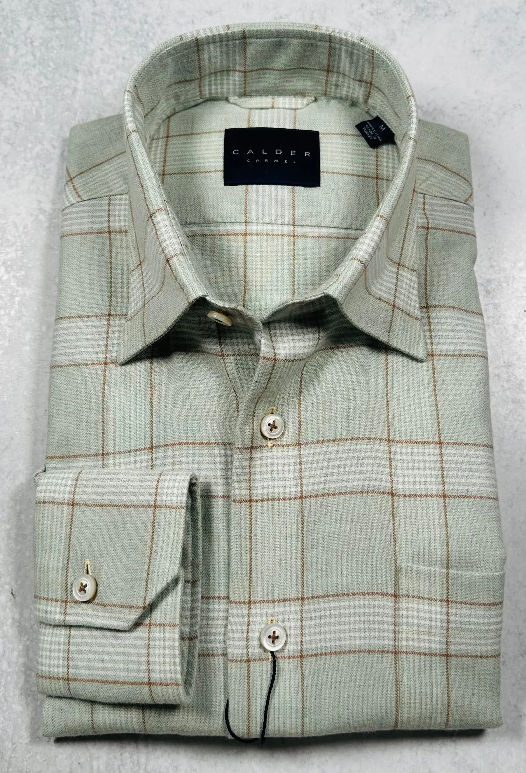 Calder Carmel Melange Herringbone Brushed Twill Windowpane Sport Shirt in Sage