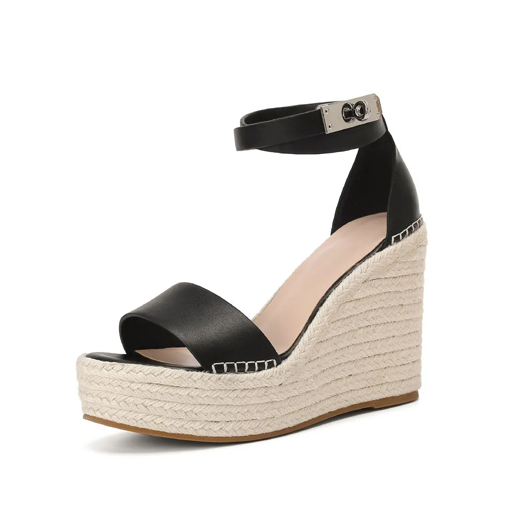 Casual Ankle Strap Platform Open Round Toe Wedge Espadrilles - Black