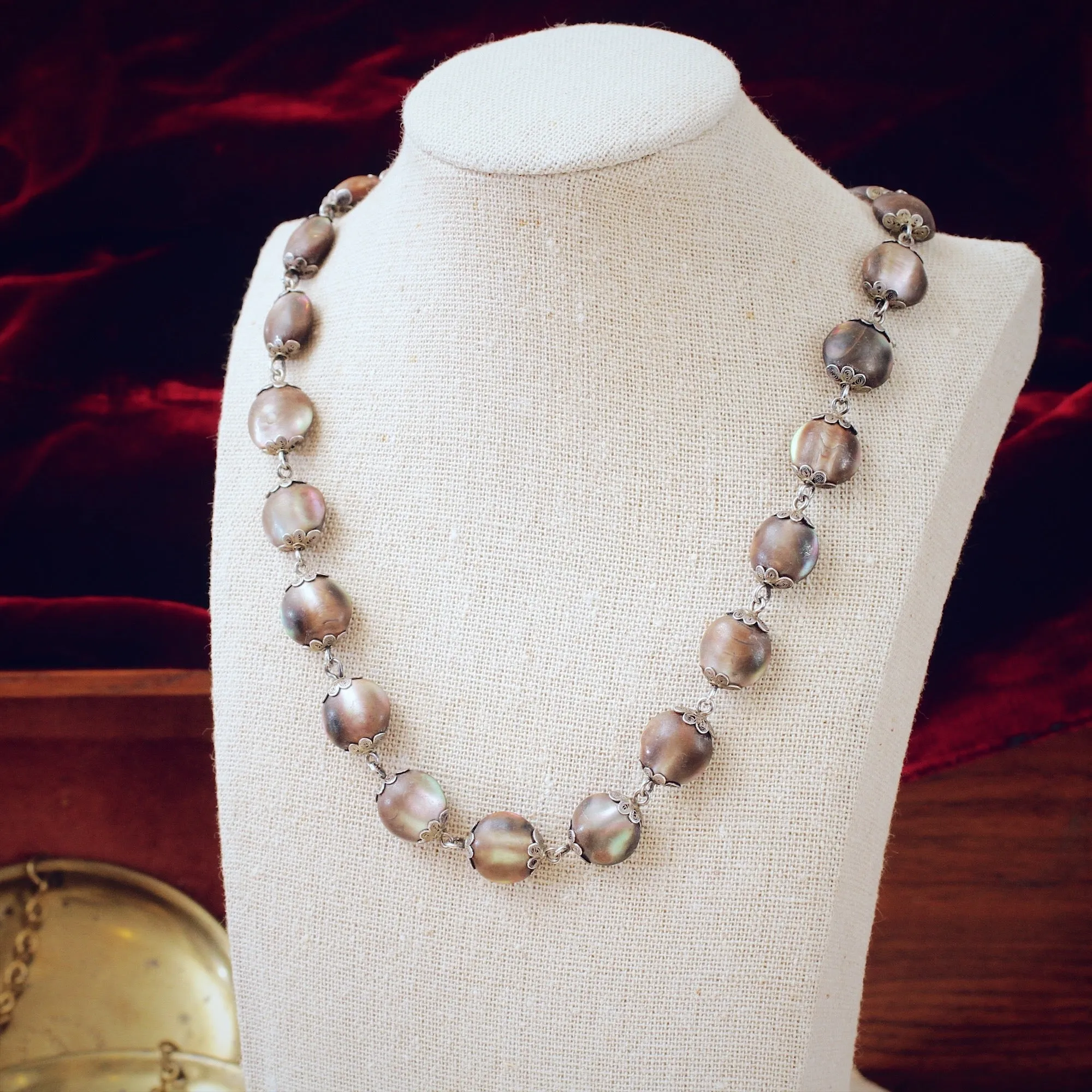 Chinese Export Silver Filigree Shell Necklace