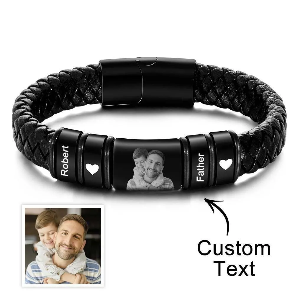 Custom Photo Engraved Bracelet Personalized Leather Men's Bracelet Father's Day Gift For Dad