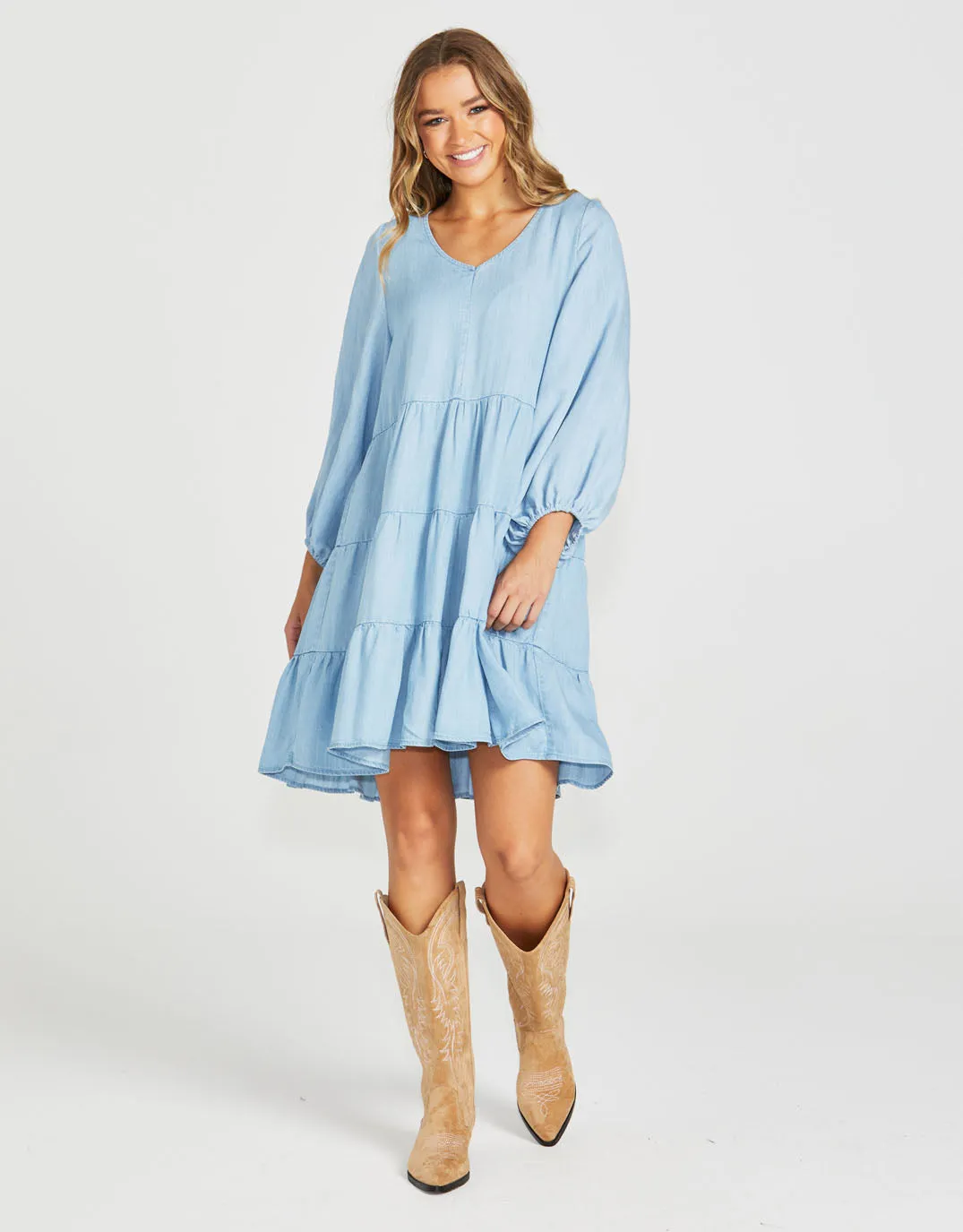 Davie Tiered Mini Dress - Chambray