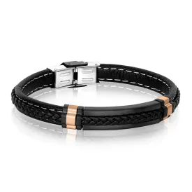 GENTS BLACK LEATHER BRACELET WITH ROSE STAINLESS STEEL ACCENTS