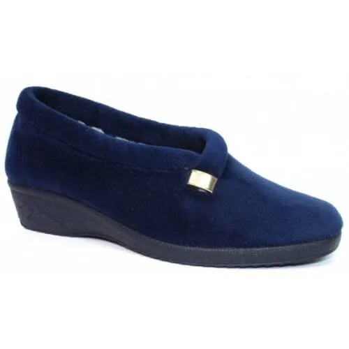 Ladies Bedroom Slippers Lunar Wedge Heel Navy BRIDIE KLA100BL