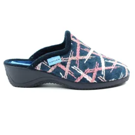 Navy/Pink Lunar Erin Ladies Wedge Heel Mule Bedroom Slippers - Slip-On Comfort