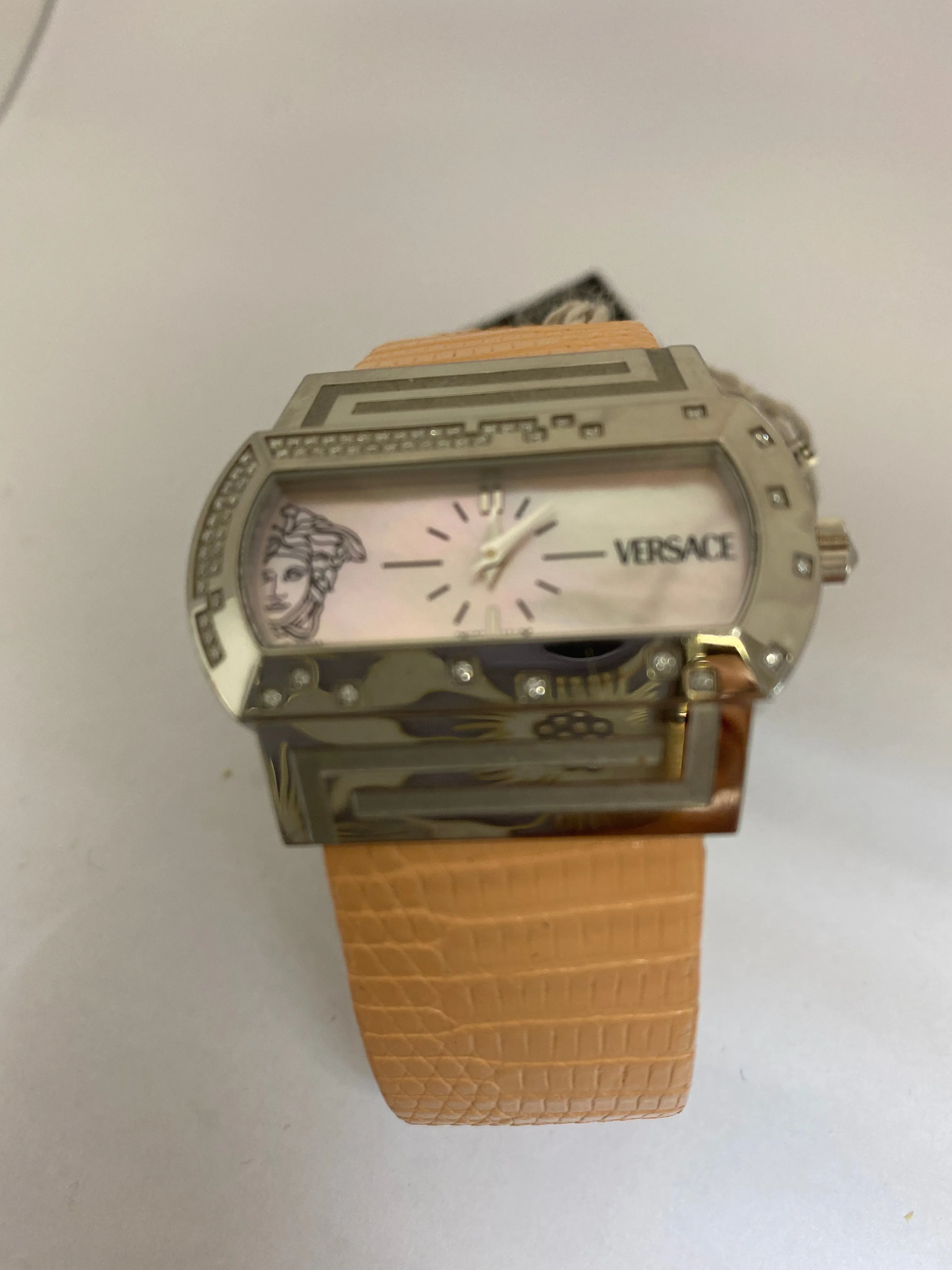 Ladies Diamond Watch PSQ91 VERSACE Hippodrome Stainless Steel Lizard Leather MOP