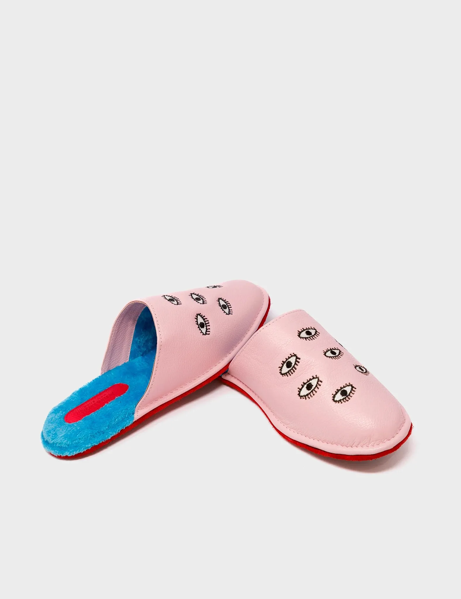 Marcelo Parfait Pink Leather Slippers - Eyes Embroidery