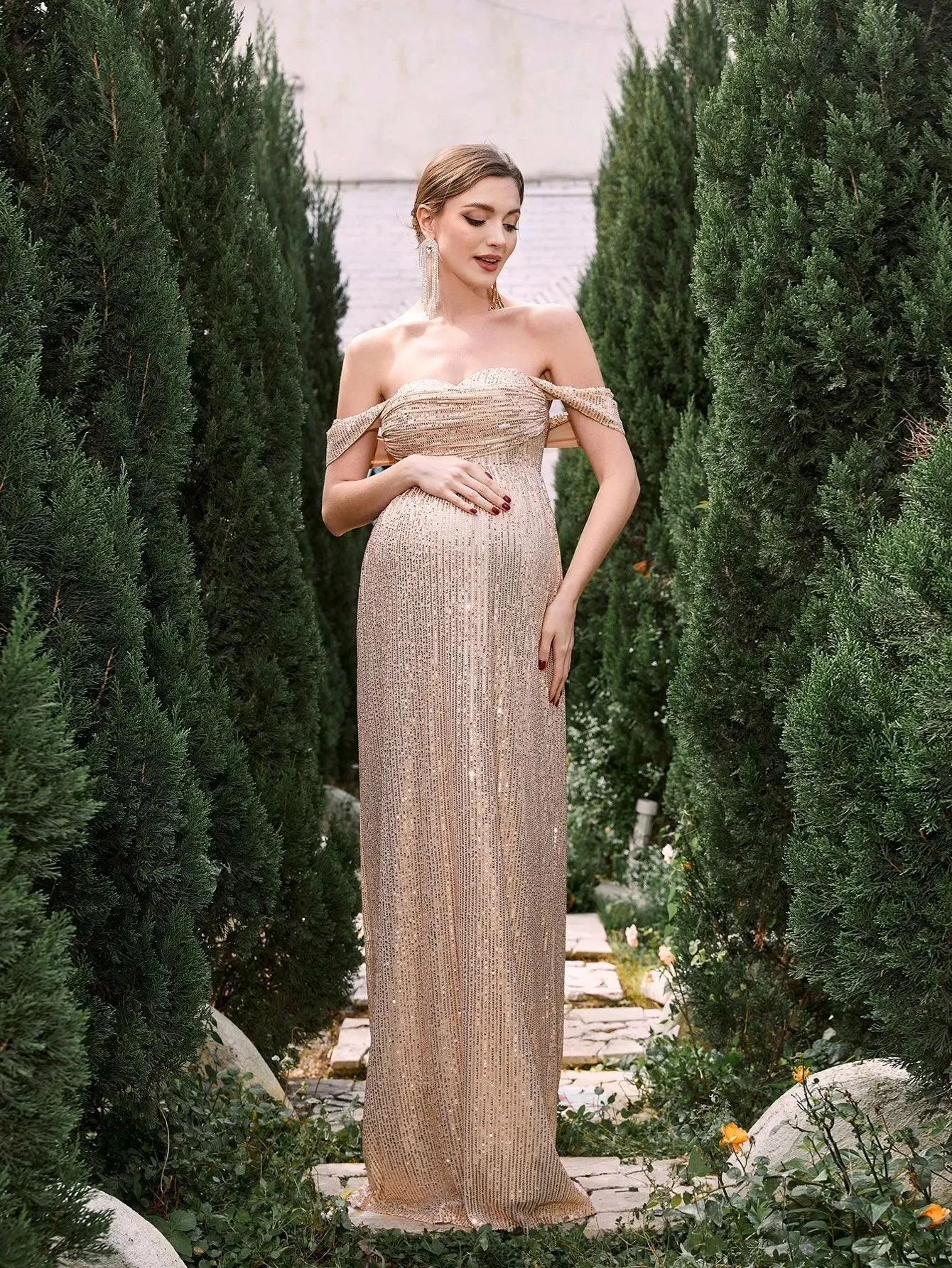 Maternity Off Shoulder Sequin Formal Party Dress