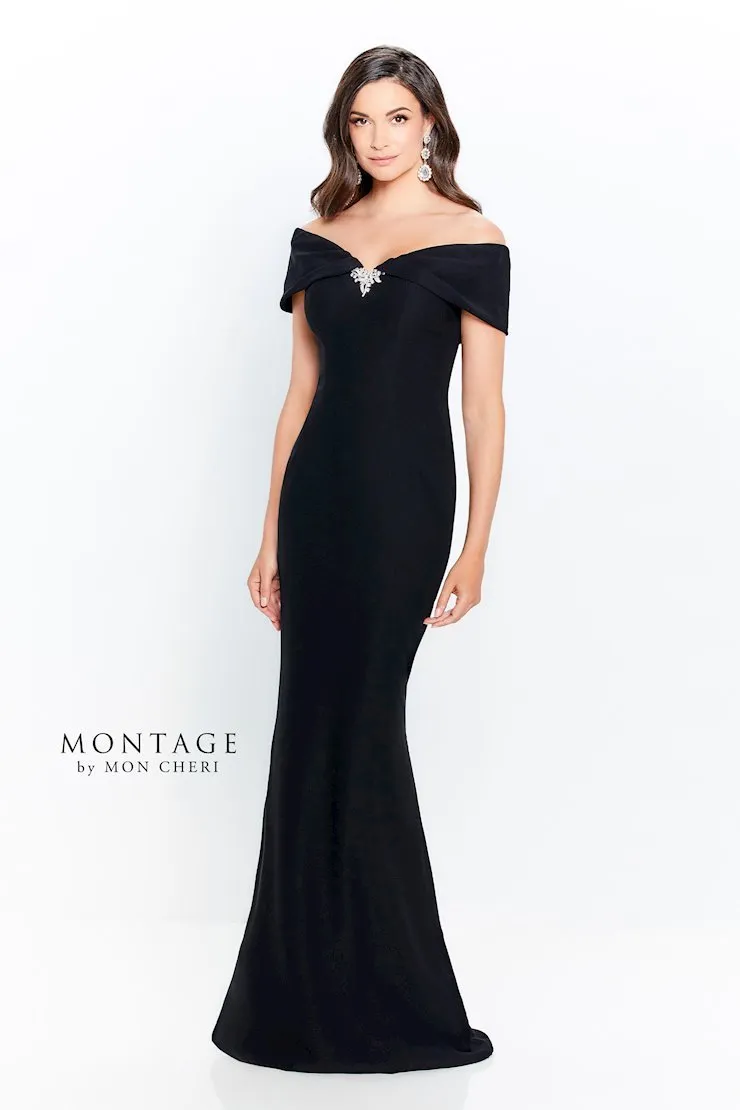 Montage 120905 Off-The-Shoulder Crepe Fit and Flare Gown