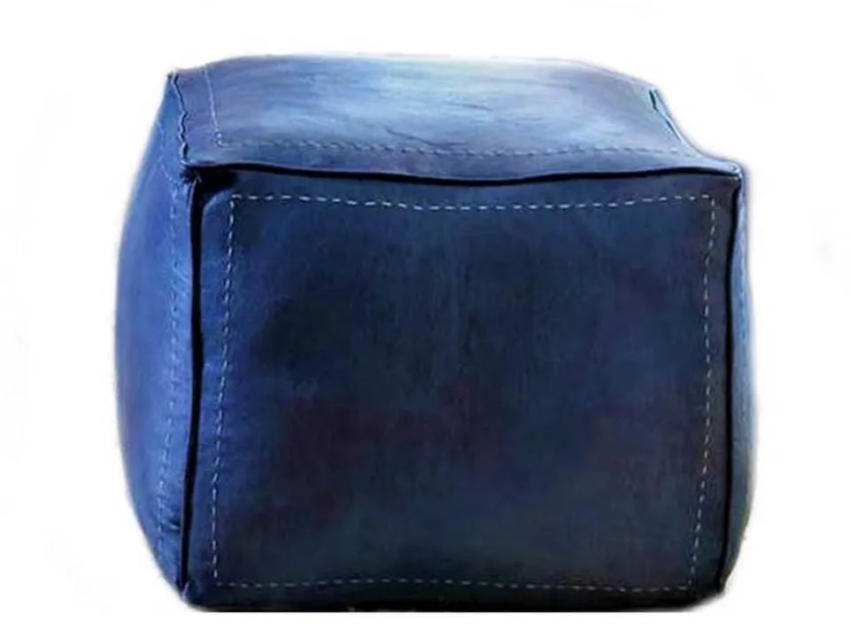 Moroccan Leather Pouf / Ottoman - Square - Blue - Salwa