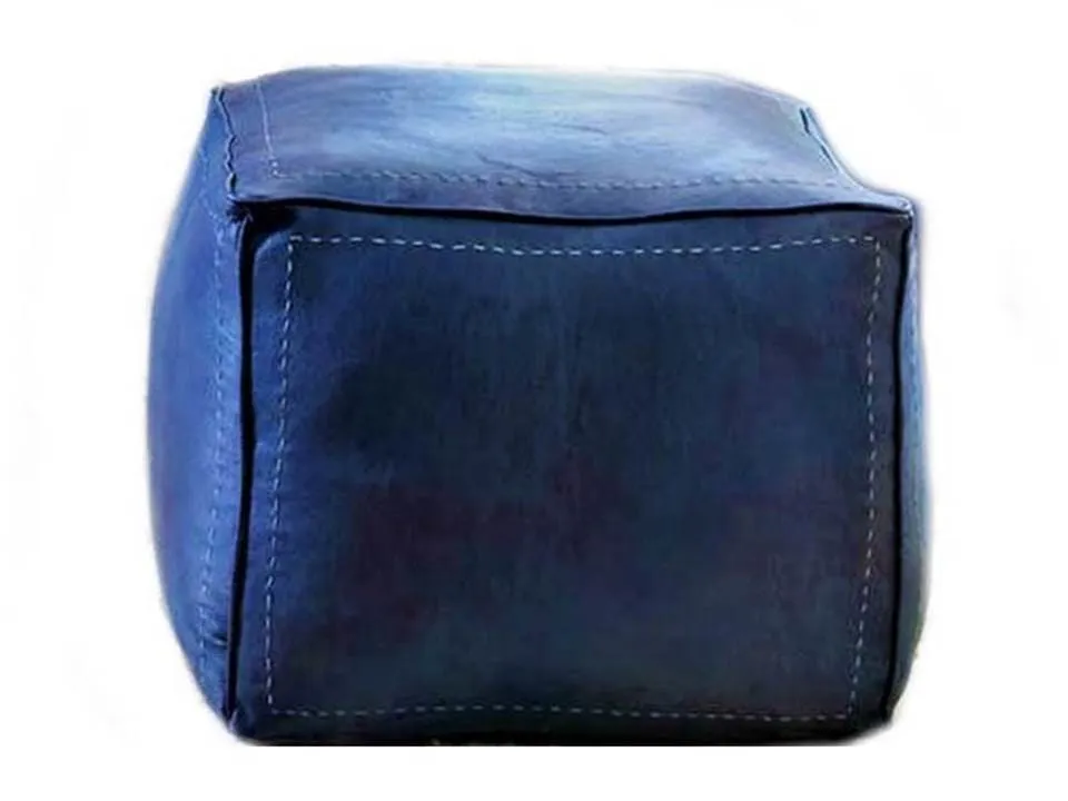 Moroccan Leather Pouf / Ottoman - Square - Blue - Salwa