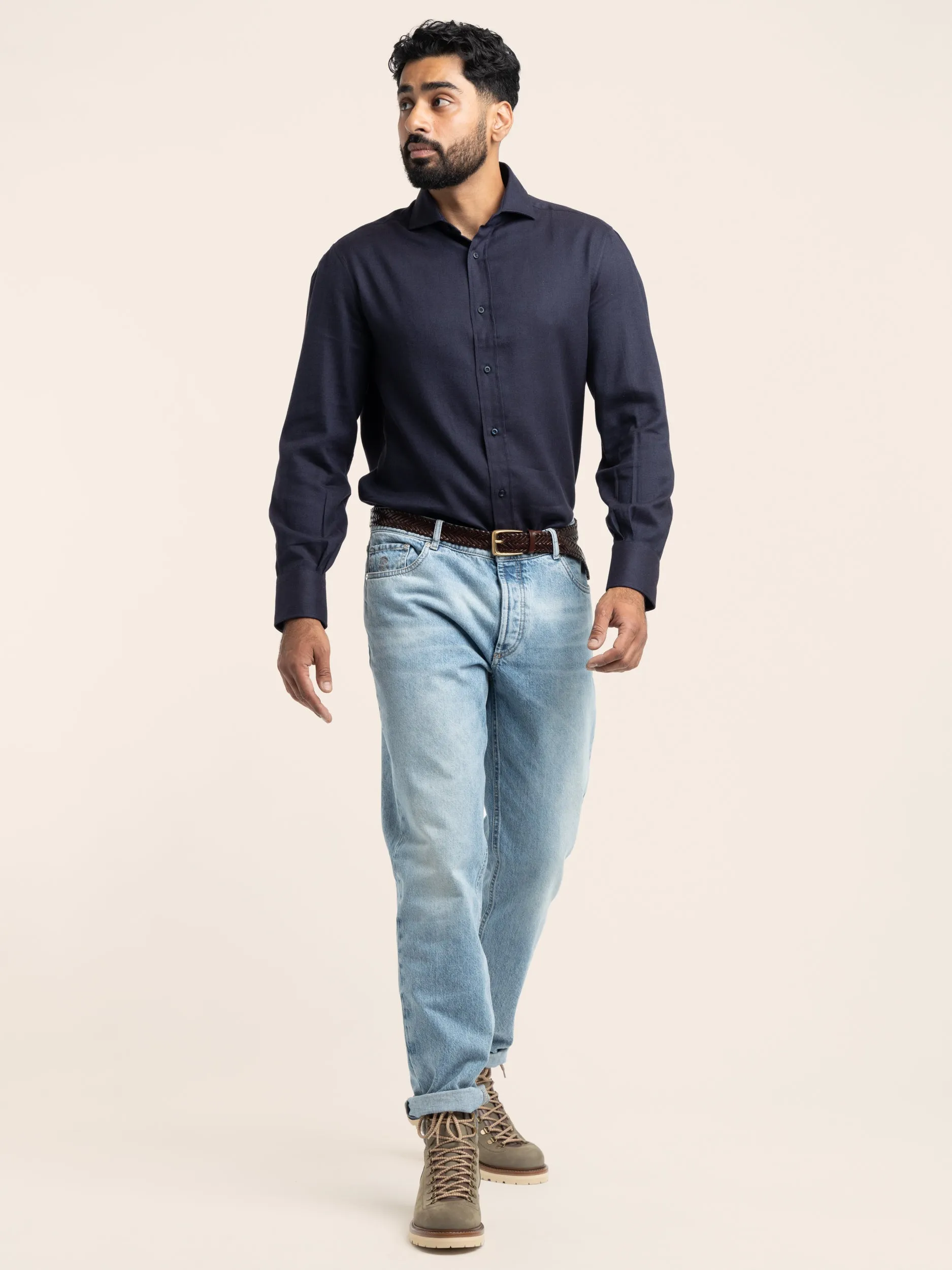 Navy Cotton-Blend Dress Shirt