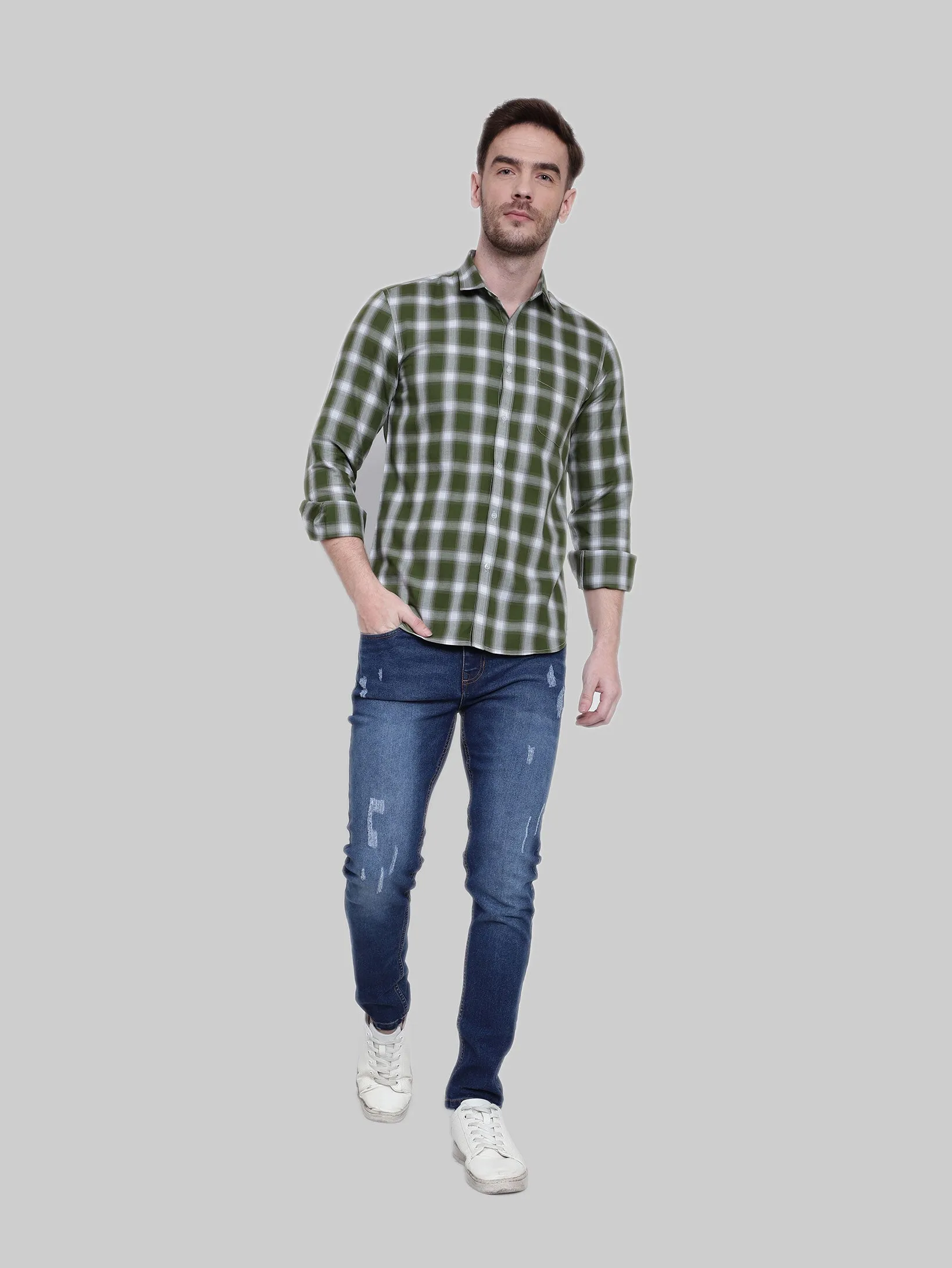 Olive Gingham Checkered Full Sleeve Cotton Shirt