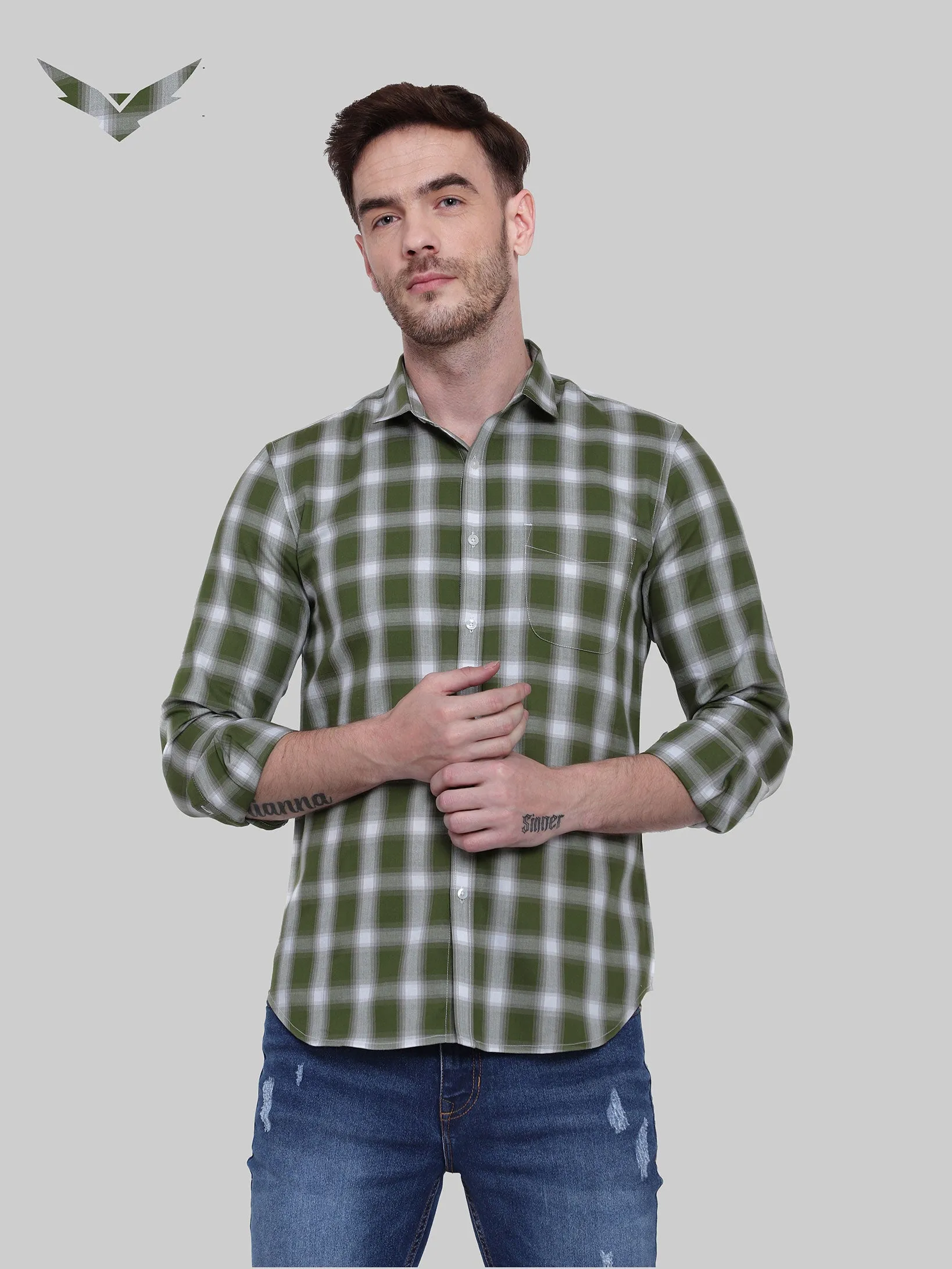 Olive Gingham Checkered Full Sleeve Cotton Shirt