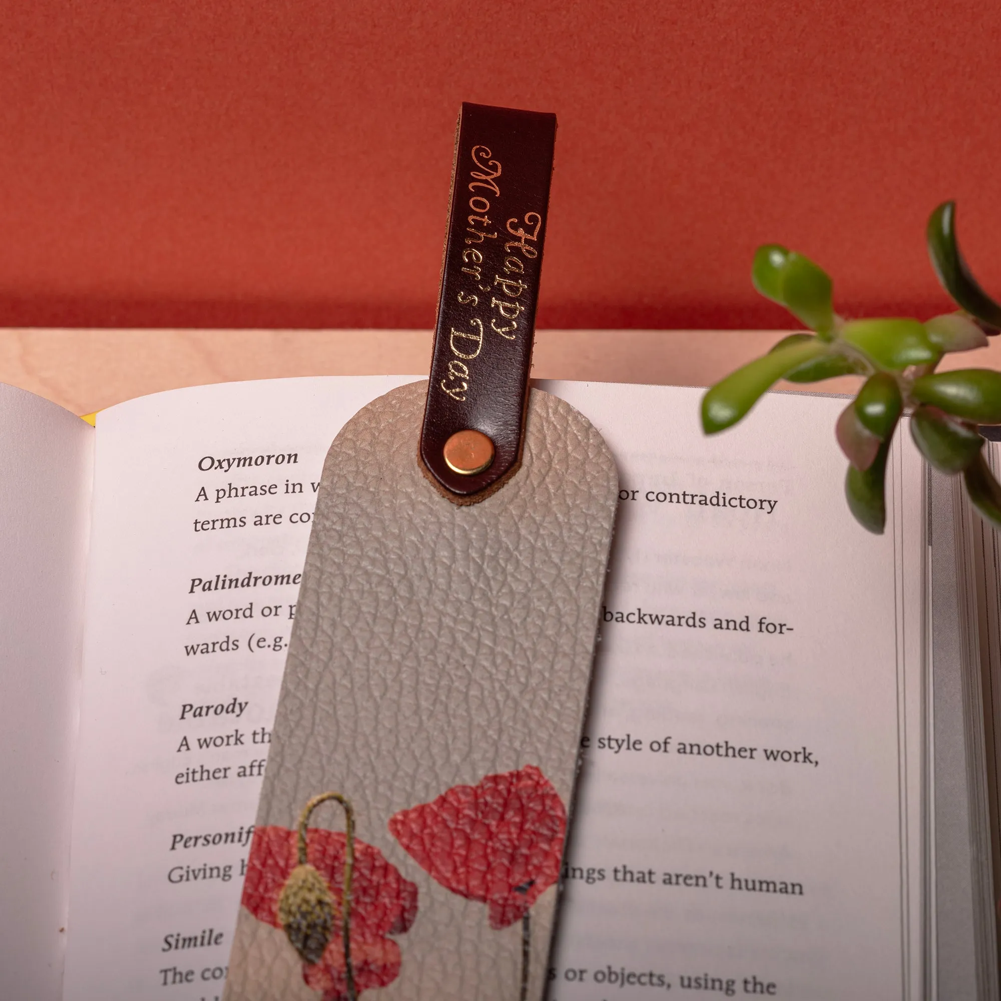 Personalized Leather Bookmark - Field of Poppies