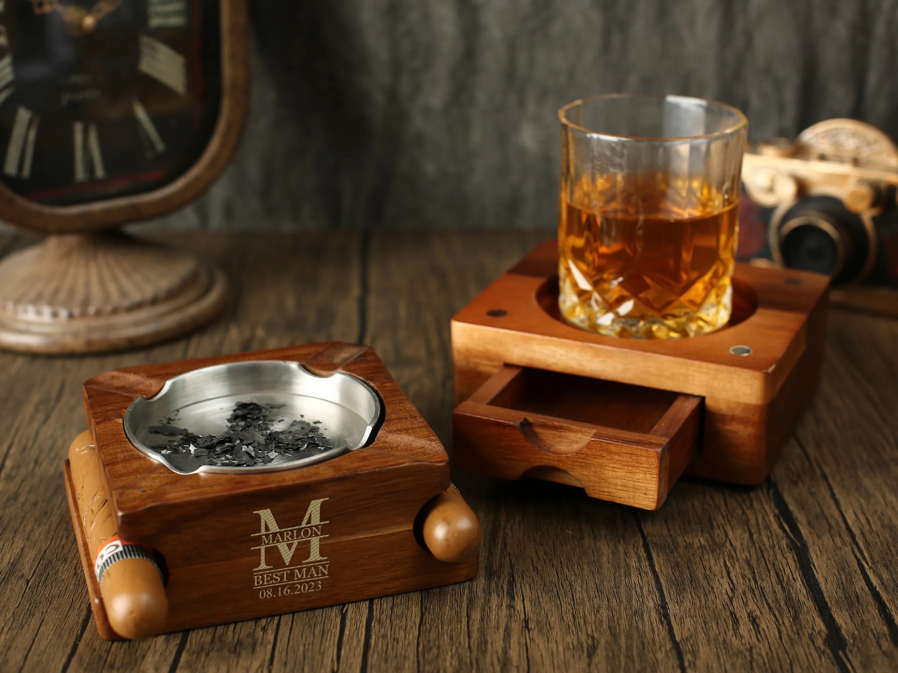 Personalized Whiskey Glass Holder & Cigar Tray, 2 in 1 Wooden Cigar Ashtray