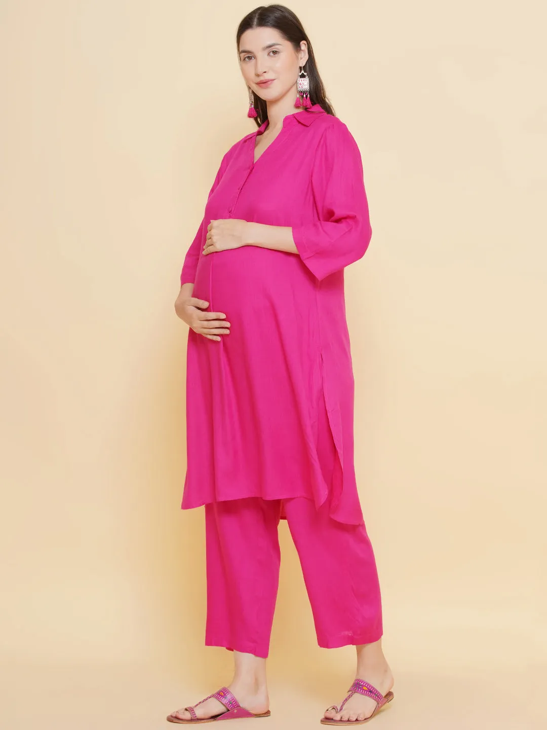 Pink Shirt Collar Maternity & Nursing Kurta Set