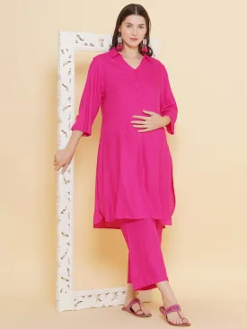 Pink Shirt Collar Maternity & Nursing Kurta Set